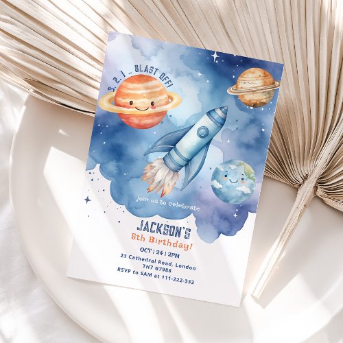 Blast Off Outer Space planets Birthday party Invitation