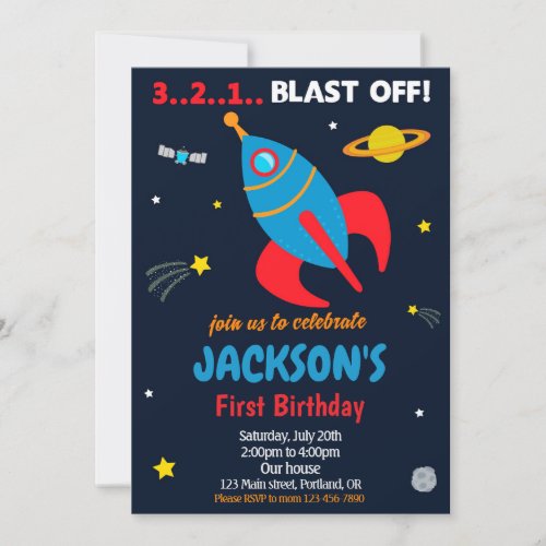 Blast off Outer space Rocket birthday invitation