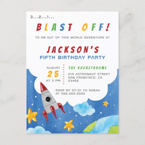 Blast Off  Outer Space Rocket Birthday Party Invitation Postcard