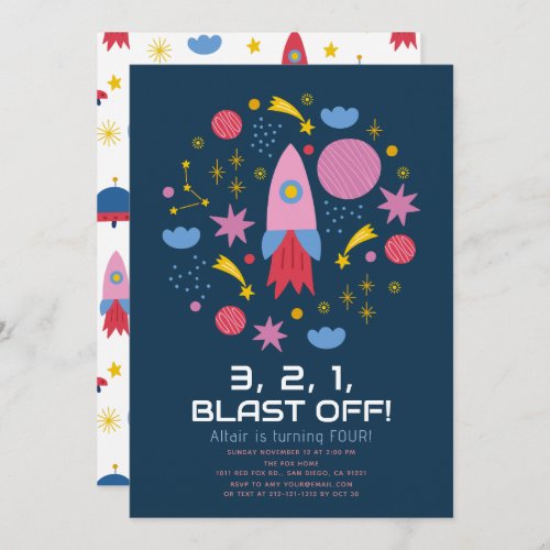 Blast Off Outer Space Rocket Boy Birthday Invitation