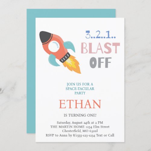 Blast Off Outer Space Rocket Ship Birthday Invitation