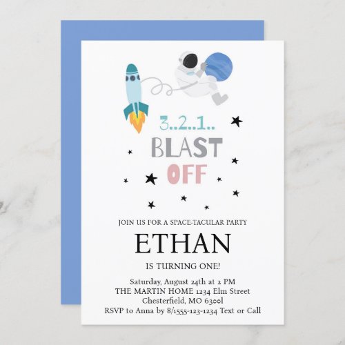 Blast Off Outer Space Rocket Ship Birthday Invitation