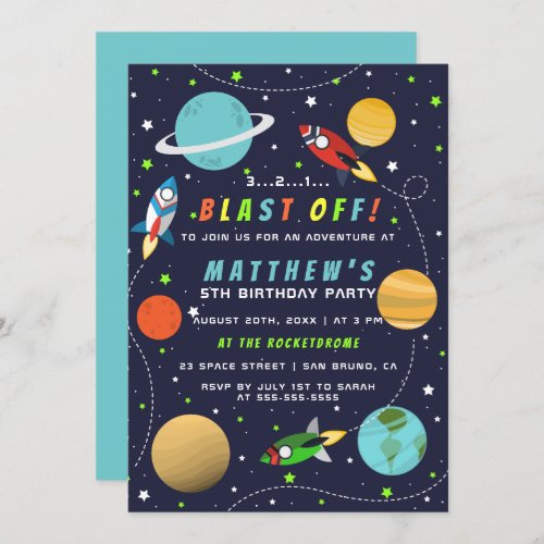 Blast Off Outer Space Rocket Ship Birthday Party Invitation