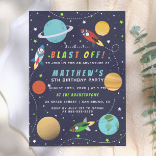 Blast Off! Outer Space Rocket Ship Birthday Party Invitation