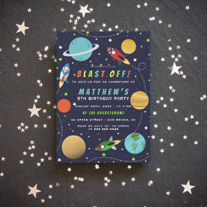 Blast Off! Outer Space Rocket Ship Birthday Party Invitation