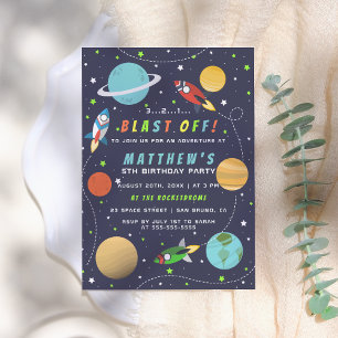 Blast Off! Outer Space Rocket Ship Birthday Party Invitation