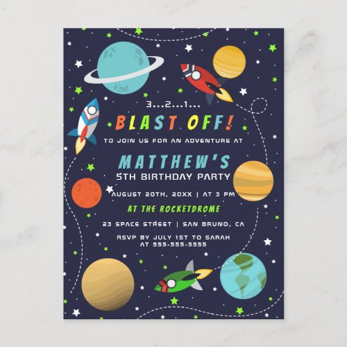 Blast Off Outer Space Rocket Ship Birthday Party Invitation Postcard
