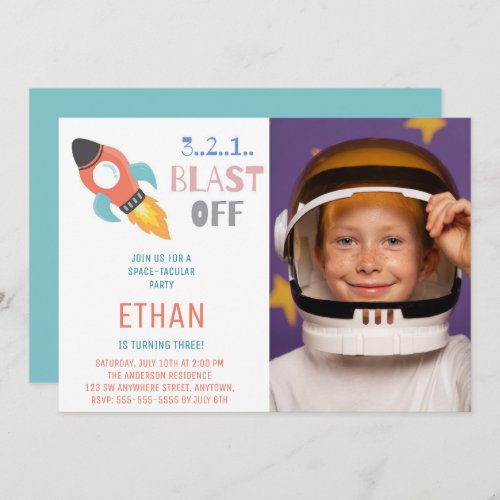 Blast Off Outer Space Rocket Ship Birthday Photo Invitation