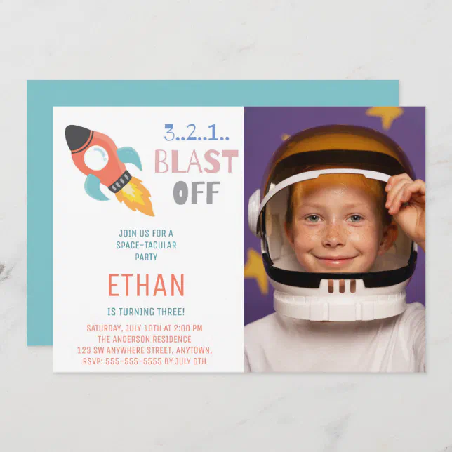 Blast Off! Outer Space Rocket Ship Birthday Photo Invitation | Zazzle