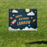 Blast Off | Outer Space Theme Kids Birthday Sign<br><div class="desc">Direct birthday party guests to your location, or encourage drive-by visitors with this cute outer space themed lawn sign that matches our Blast Off kids birthday collection. Design features "Happy Birthday [Name]" in orange comic book lettering on a night sky background with planets, stars, the moon, clouds, and a rocket...</div>