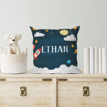 Blast Off | Personalized Outer Space Throw Pillow<br><div class="desc">Cool space themed throw pillow for your little explorer's room features their name in white lettering,  surrounded by a rocket ship,  stars,  planets and clouds on a navy blue night sky background.</div>