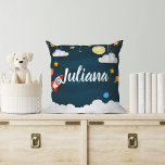 Blast Off | Personalized Outer Space Throw Pillow<br><div class="desc">Cool space themed throw pillow for your little explorer's room features their name in white script lettering,  surrounded by a rocket ship,  stars,  planets and clouds on a navy blue night sky background.</div>