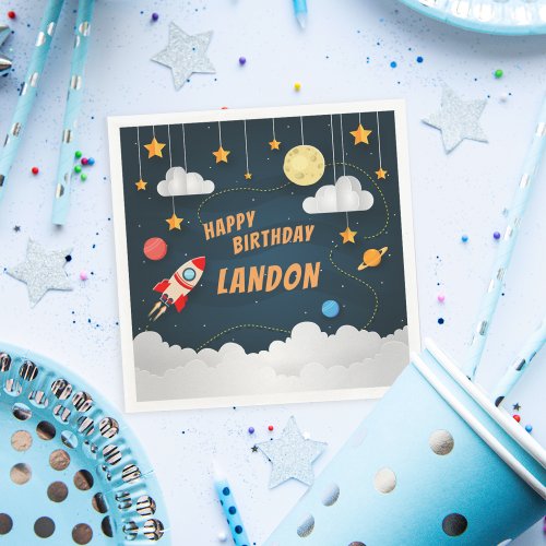 Blast Off Personalized Space Theme Birthday Party Napkins