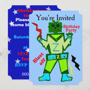 Blast Off Robot Boy and Stars Birthday Party Invitation