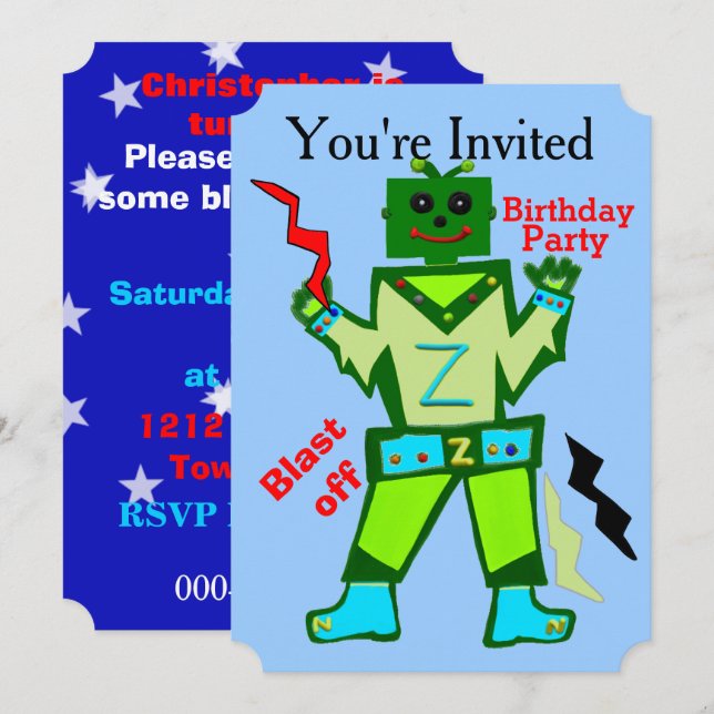 Blast Off Robot Boy and Stars Birthday Party Invitation (Front/Back)