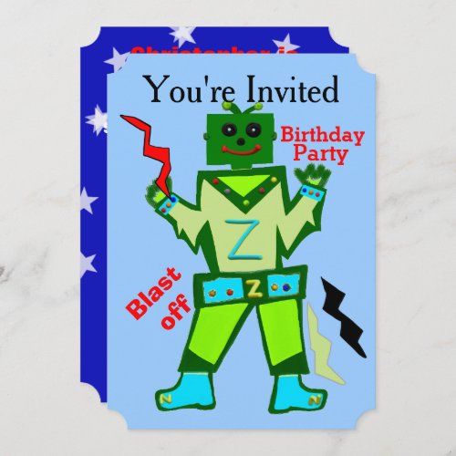 Blast Off Robot Boy and Stars Birthday Party Invitation