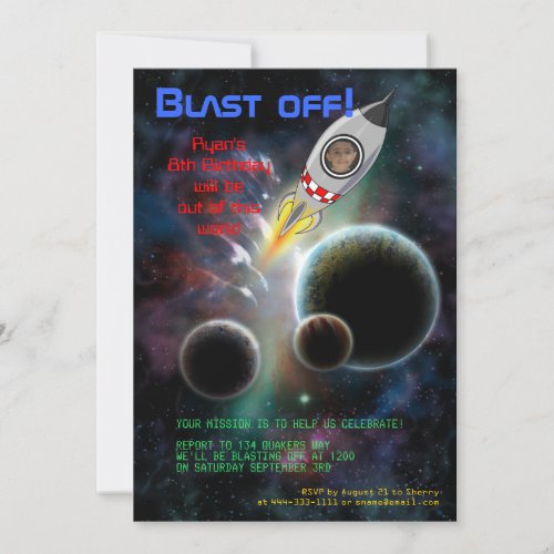 Blast Off! Space, Rocket Birthday Party Invitation