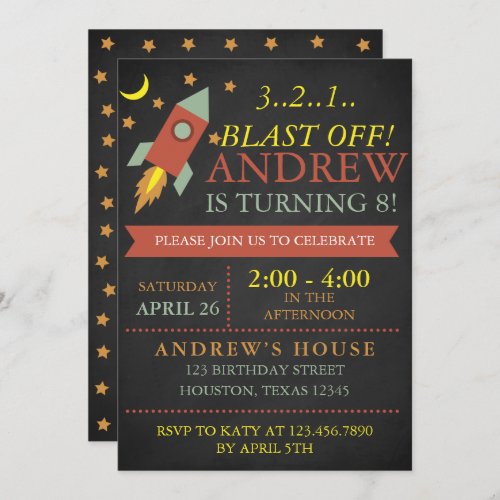 Blast off Rocket Birthday Party Invitation