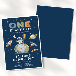 Blast Off Rocket Countdown 1st Birthday Invitation