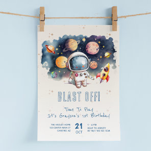 Blast Off Rocket Ship 1st Birthday Invitation