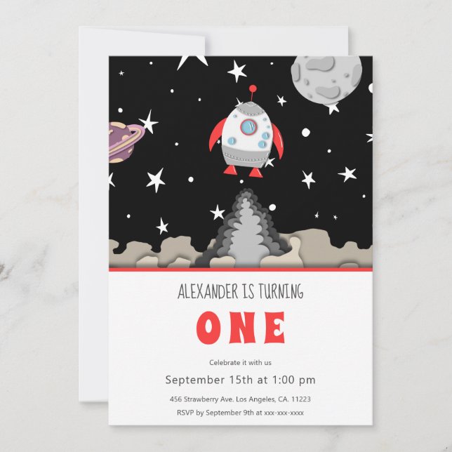 Blast Off Rocket Ship and Space First Birthday Invitation (Front)