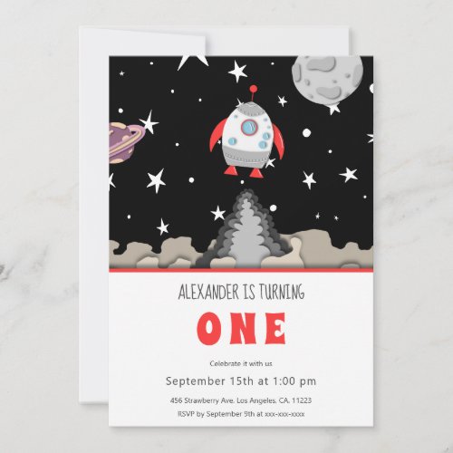 Blast Off Rocket Ship and Space First Birthday Invitation