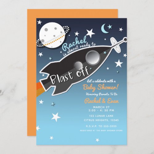 Blast Off Rocket Ship Space Baby Shower Invitation