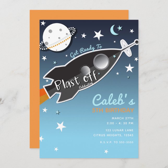 Blast Off Rocket Ship Space Birthday Party Invitation (Front/Back)