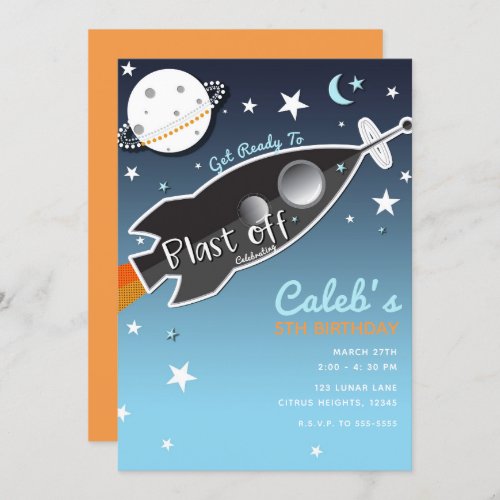 Blast Off Rocket Ship Space Birthday Party Invitation