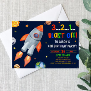 Blast Off! Rocket Ship Space Birthday Party Invitation