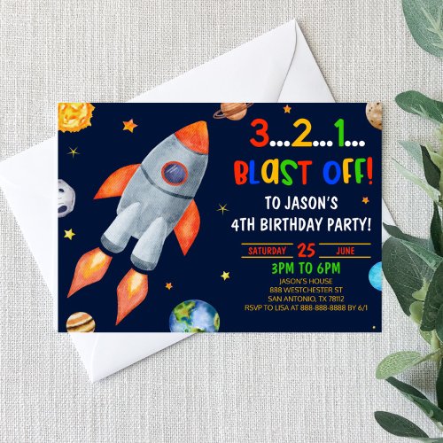 Blast Off Rocket Ship Space Birthday Party Invitation
