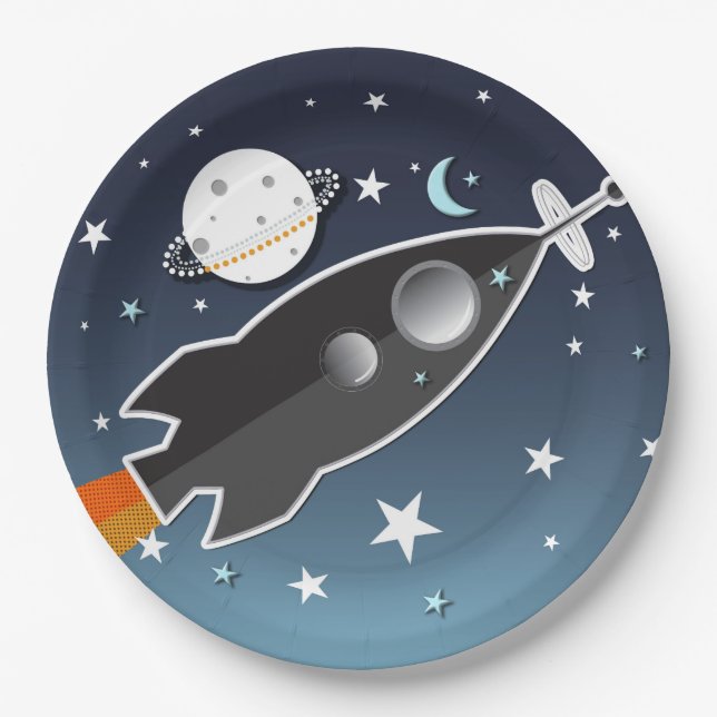 Blast Off Rocket Ship Space Birthday Party Paper Plates (Front)