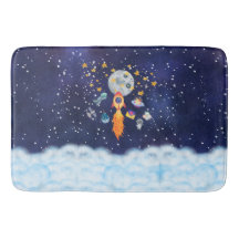 Blast-Off Rocketship Kids Bath Mat Bathroom Decor