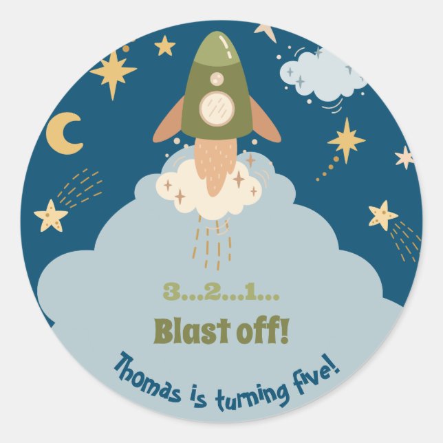 Blast off space adventure kids birthday classic round sticker (Front)