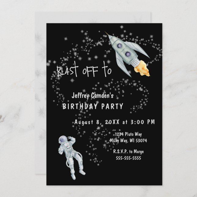 Blast Off Space Astronaut Birthday Party Invitation (Front/Back)