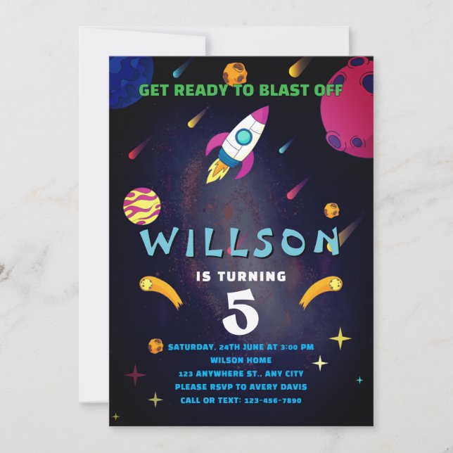 Blast Off Space Birthday  Invitation (Front)