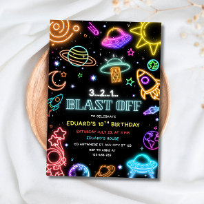 Blast Off Space Birthday Neon Outer Space Kids Invitation