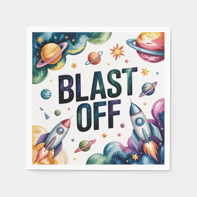 Blast Off Space Boy Astronaut Birthday Party Napkins (Front)
