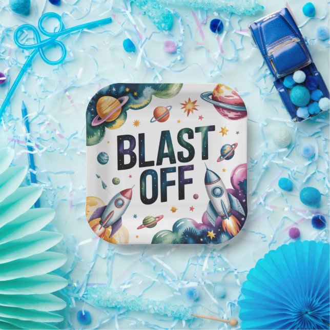 Blast Off Space Boy Astronaut Birthday Party Paper Plates (Party)