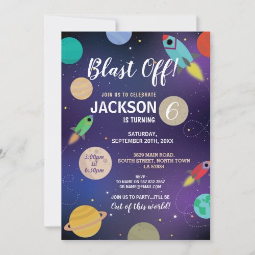 Blast Off Space Galaxy Birthday Party Rocket Invitation