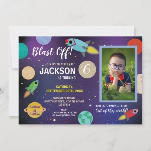 Blast Off Space Galaxy Birthday Party Rocket Photo Invitation