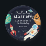 Blast Off Space Theme Birthday Party Paper Plates<br><div class="desc">Cute birthday party paper plate featuring illustration of a galaxy in crayon including an astronaut,  U.F.O.,  planets,  stars,  rocket. The typography text at the top says "3... 2... 1... Blast Off" Customize this product by adding the child's name,  age,  and date. Great for a boy's party.</div>