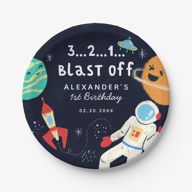 Blast Off Space Theme Birthday Party Paper Plates (Front)