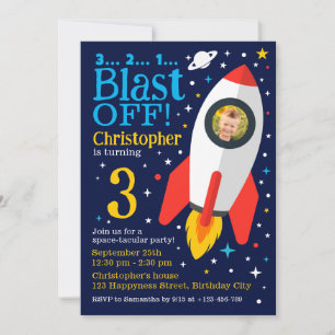 Blast Off Space Theme Kids Birthday Party Photo Invitation