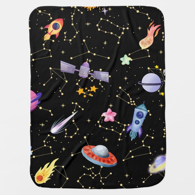 Blast Off to Dreamland – Space Adventure Kids Blan Baby Blanket (Front)