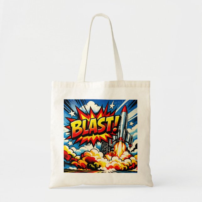 BLAST! Retro Pop Art Rocket Explosion Tote Bag (Front)
