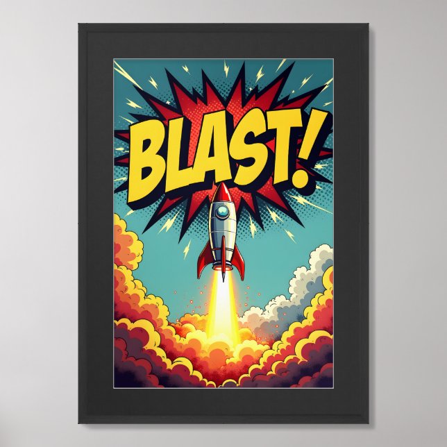 BLAST! Vintage Comic Style Rocket Explosion Framed Art (Framed Front)