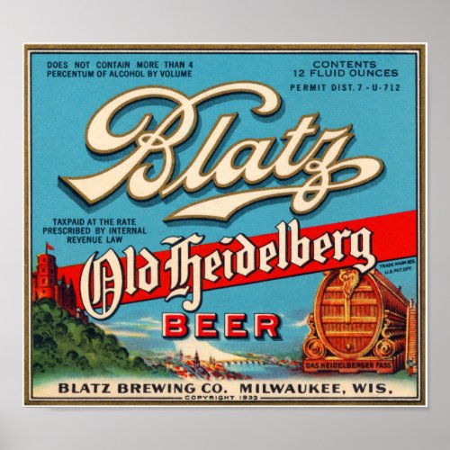 Blatz Old Heidelberg Vintage Beer Label Restored Poster