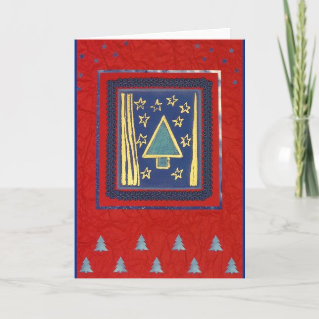 Blauer Weihnachtsbaum modern auf Rot Holiday Card (Front)