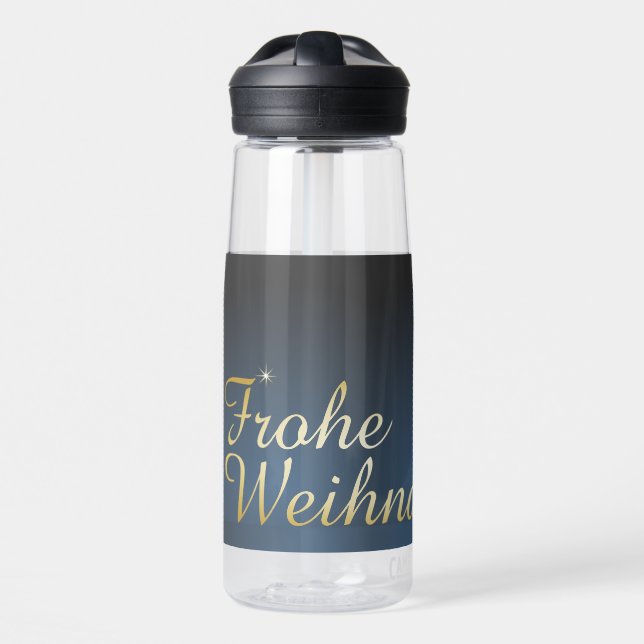 Blaues Weihnachtsmotiv mit goldenem Weihnachtsbaum Water Bottle (Front)